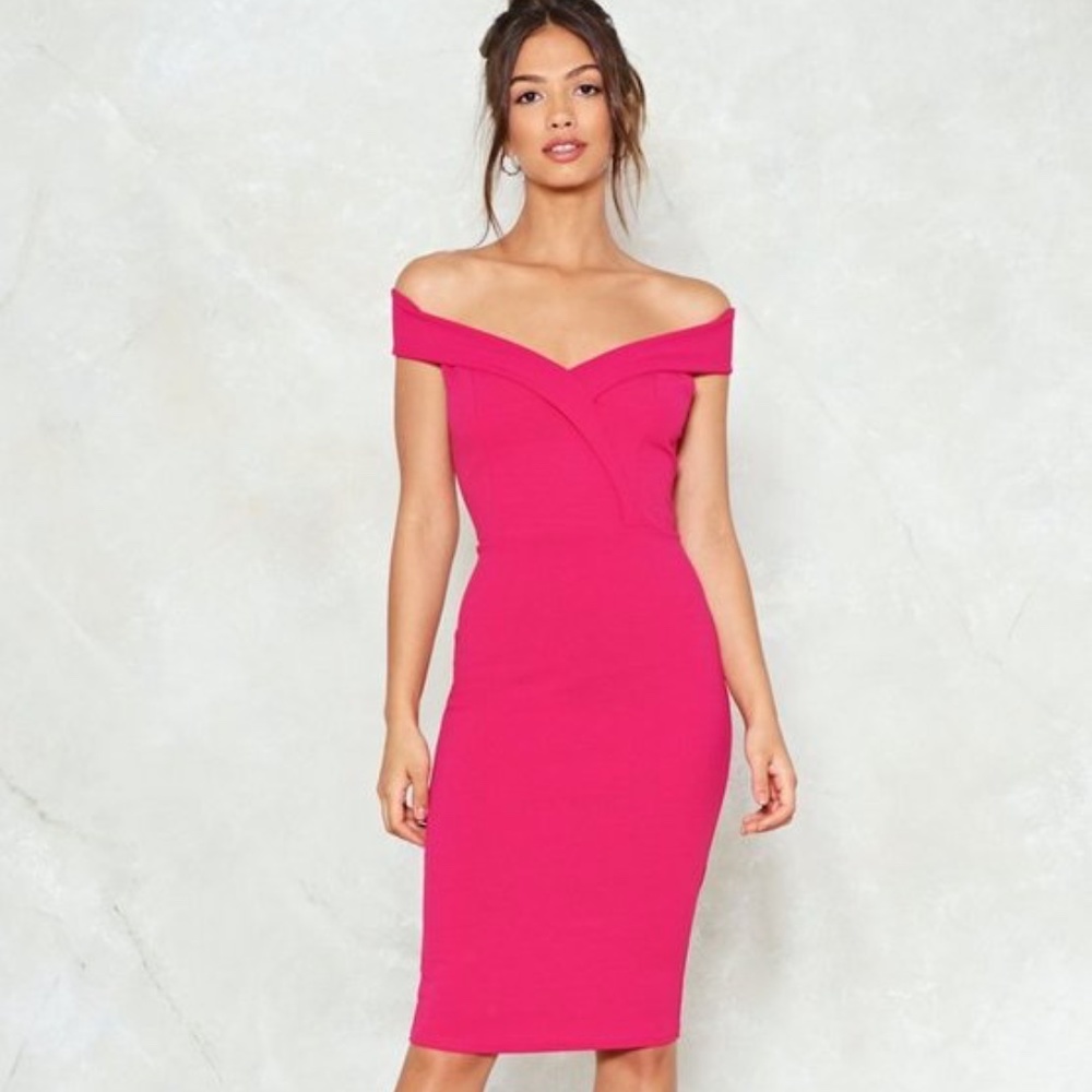 Fuchsia / Pink  Off the Shoulder Midi Bodycon Cocktail Dress- SIZE 4